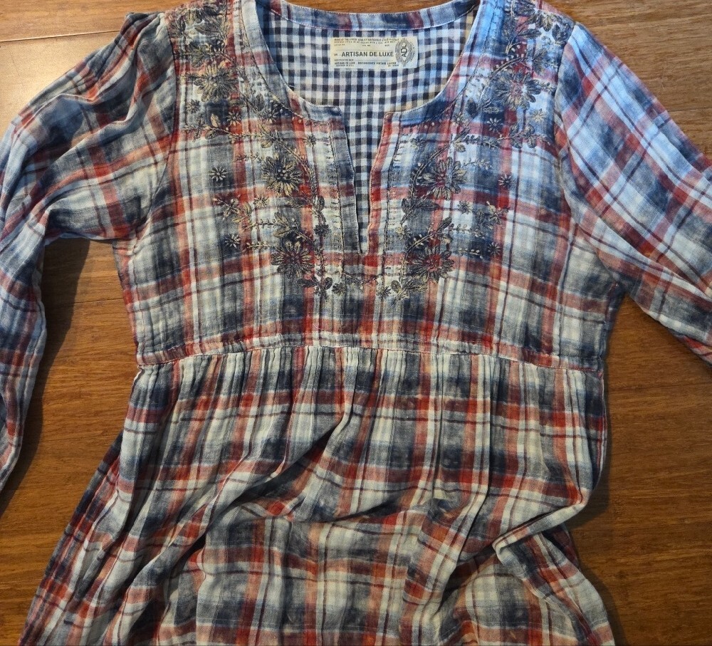 Artisan De Luxe Double Layer Embroidered Plaid Boho Blouse Size L Very Good Cond - Picture 4 of 8